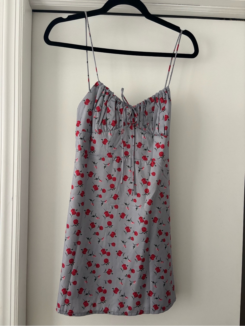 Beginning Boutique Blue Gray Satin Chemise with Red Rose Print